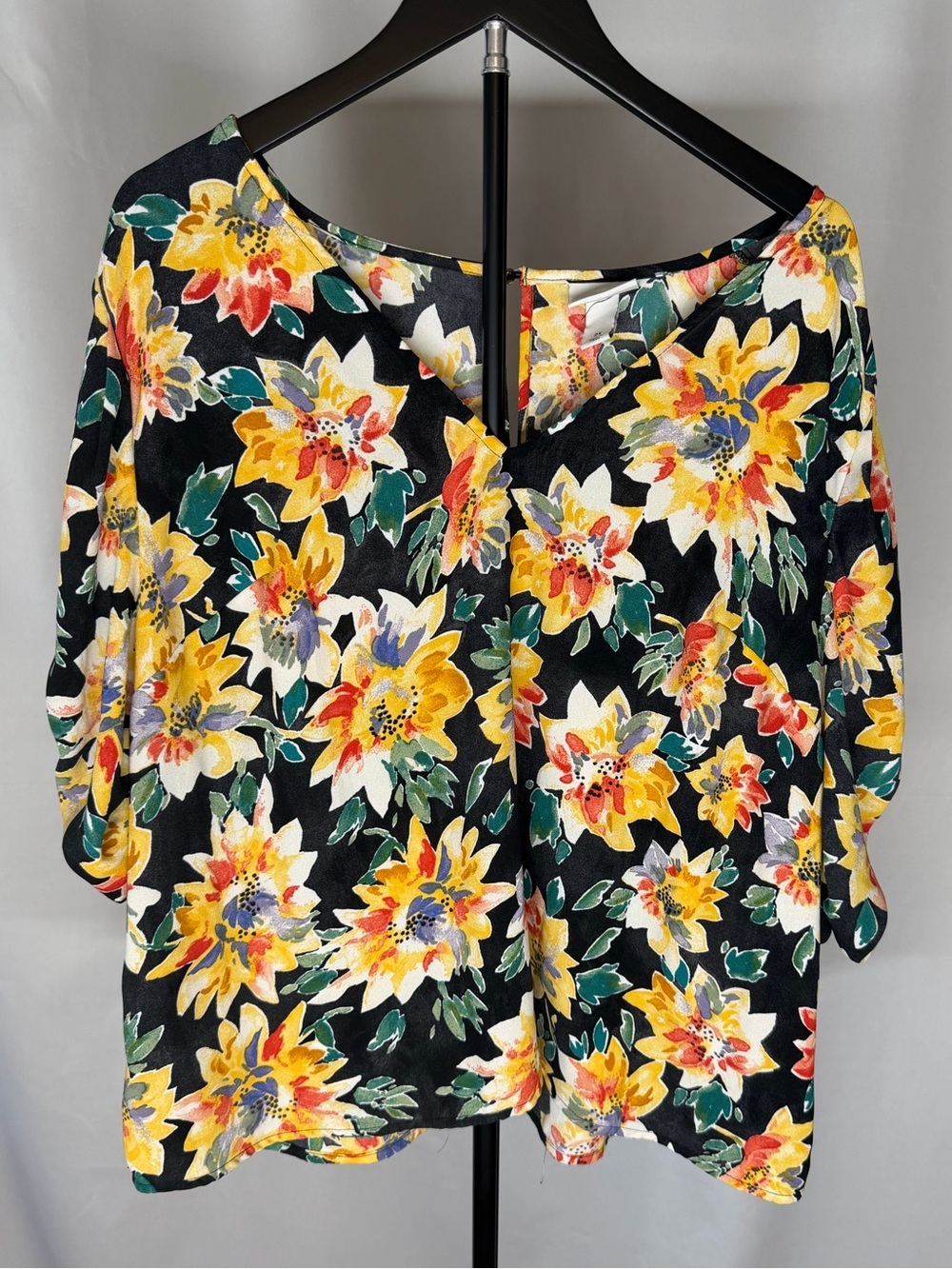 Ava & Viv Black Blouse with Yellow Floral Print and Green Leaves Shirt Plus Size